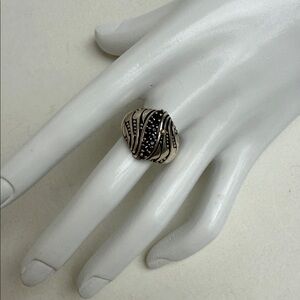 Stylish Sterling Silver and Black Spinel Women's Ring with 18K gold accent.